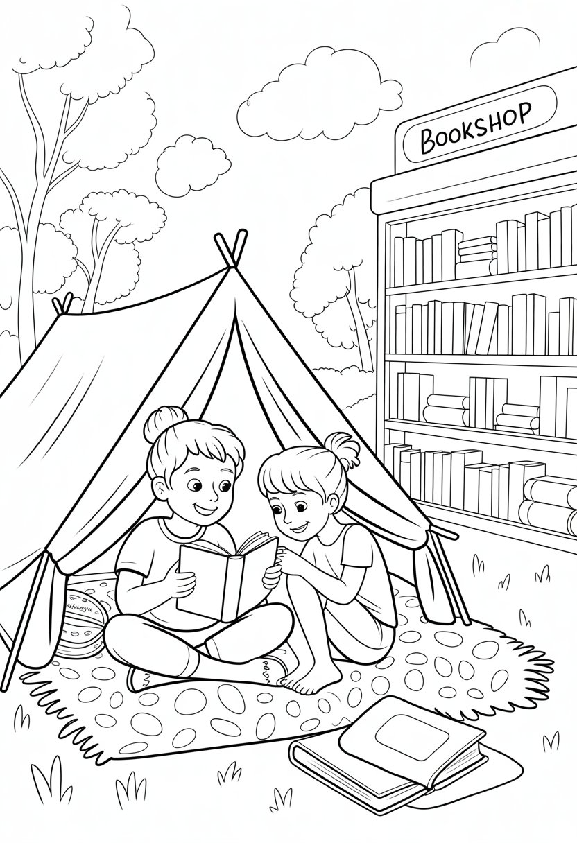 Cozy Friends Coloring Pages A Perfect List of 15 Relaxing Designs 8 Two friends sitting together inside a tent near a bookshop, surrounded by trees and books.